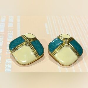 vintage Trifari gold-tone and blue/cream enamel square clip-on earrings.